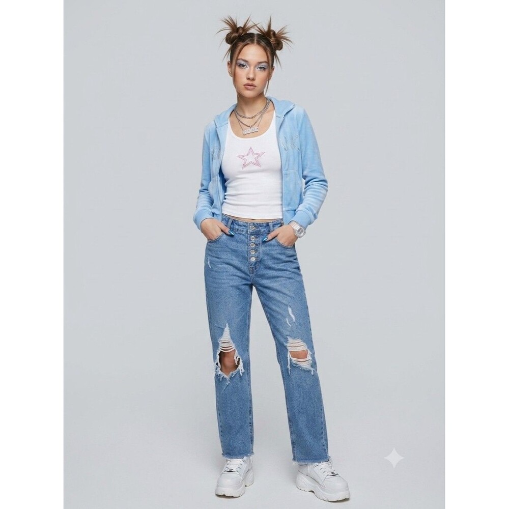 Wild Fable Women High Rise Straight Blue Denim Jeans Distressed Stretch 90s Y2K